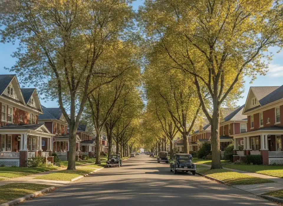 Older brick and frame homes on a tree-lined street in Dayton