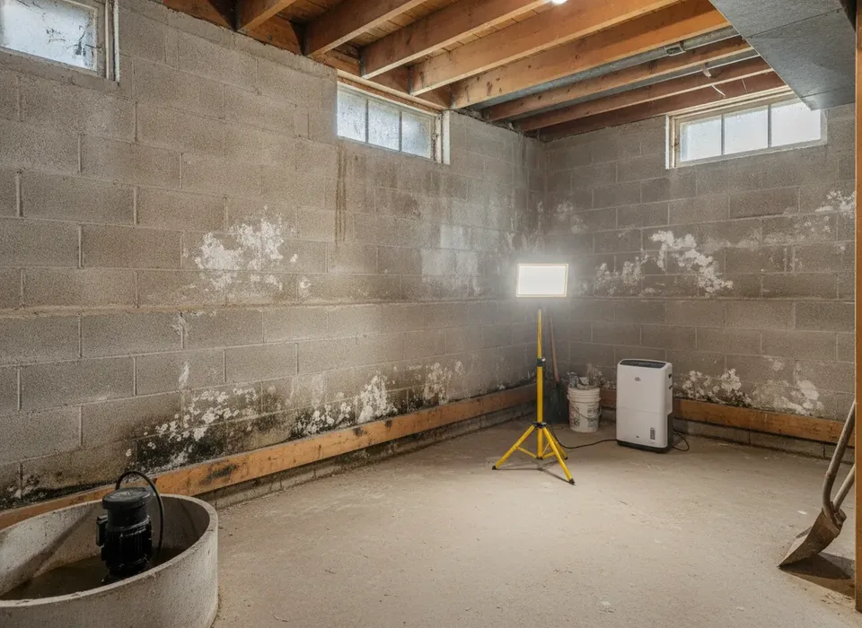 Mold on basement framing near a sump pit