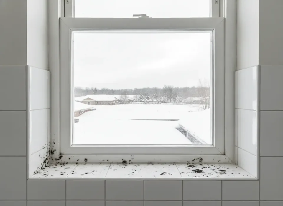 Mold on a bathroom window sill from winter condensation