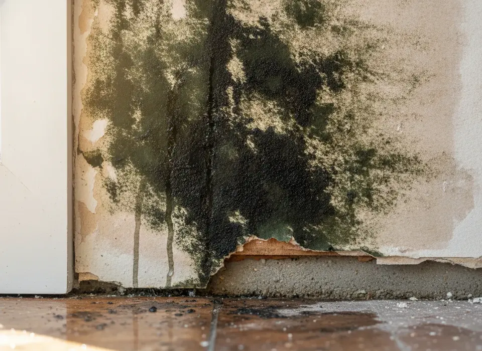 Dark mold growth on drywall behind a baseboard